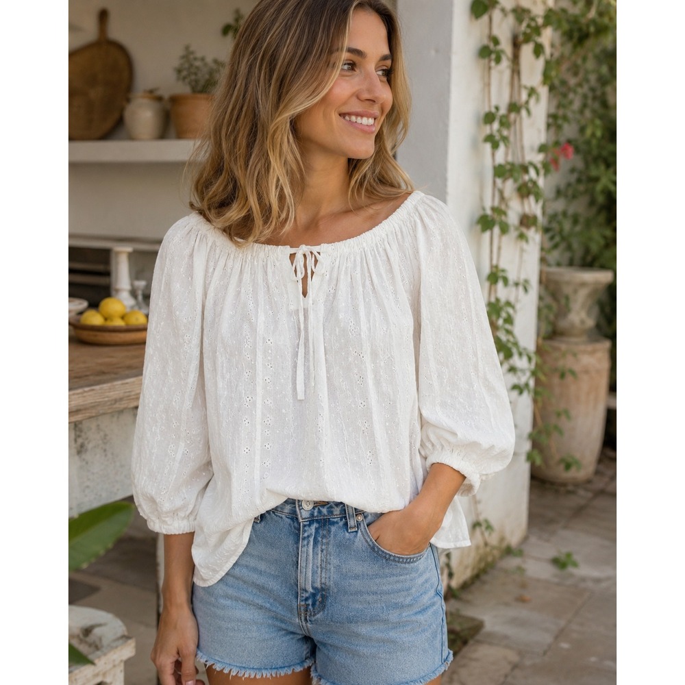 New Joie White Eyelet Cotton Blouse Size Large Top Boho Peasant Cottagecore - Picture 1 of 11